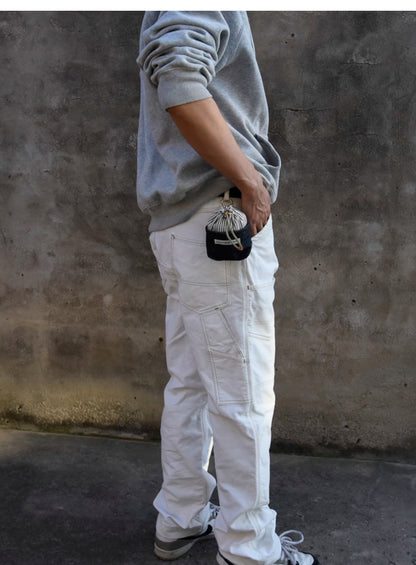Original Denim Drawstring Pouch Design with Dark Blue Denim and Striped Canvas Top - Rustic, Vintage for Everyday Carry, Travel, Casual Use, Ideal for Keeping Small Essentials Secure in a Stylish Way for Unisex