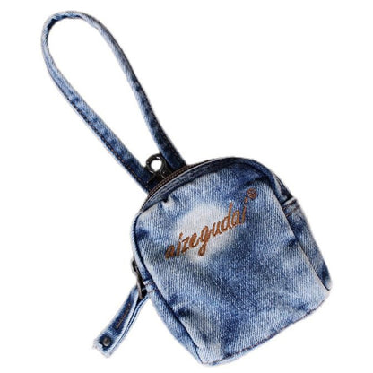 Trendy Denim Mini Backpack with Light Blue Washed Denim and Embroidered Text Detail - Compact, Functional Design, Ideal for Casual Outings, Travel, and Everyday Carry for Men