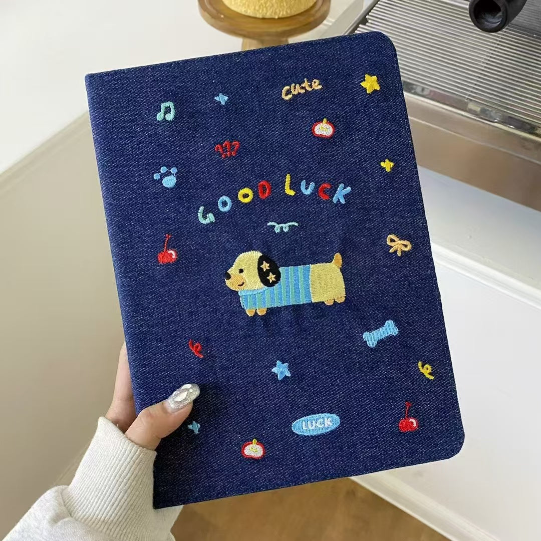 Original Denim Tablet Case Design with Cute Cat Embroidery and Colorful "HAPPY CAT" Text - Playful, Cute for School, Work, Personal Use, Ideal for Adding Fun and Durability to Your Note-Taking Essentials for Unisex