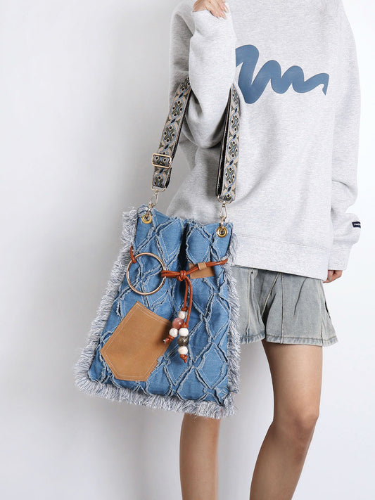 Original Denim Shoulder Bag Fringe Backpack Style with Tan Faux Suede Fringe Details - Bohemian, Vintage, Eclectic for Casual Outings, Festivals, Travel, Ideal for Spacious and Unique Style for Women