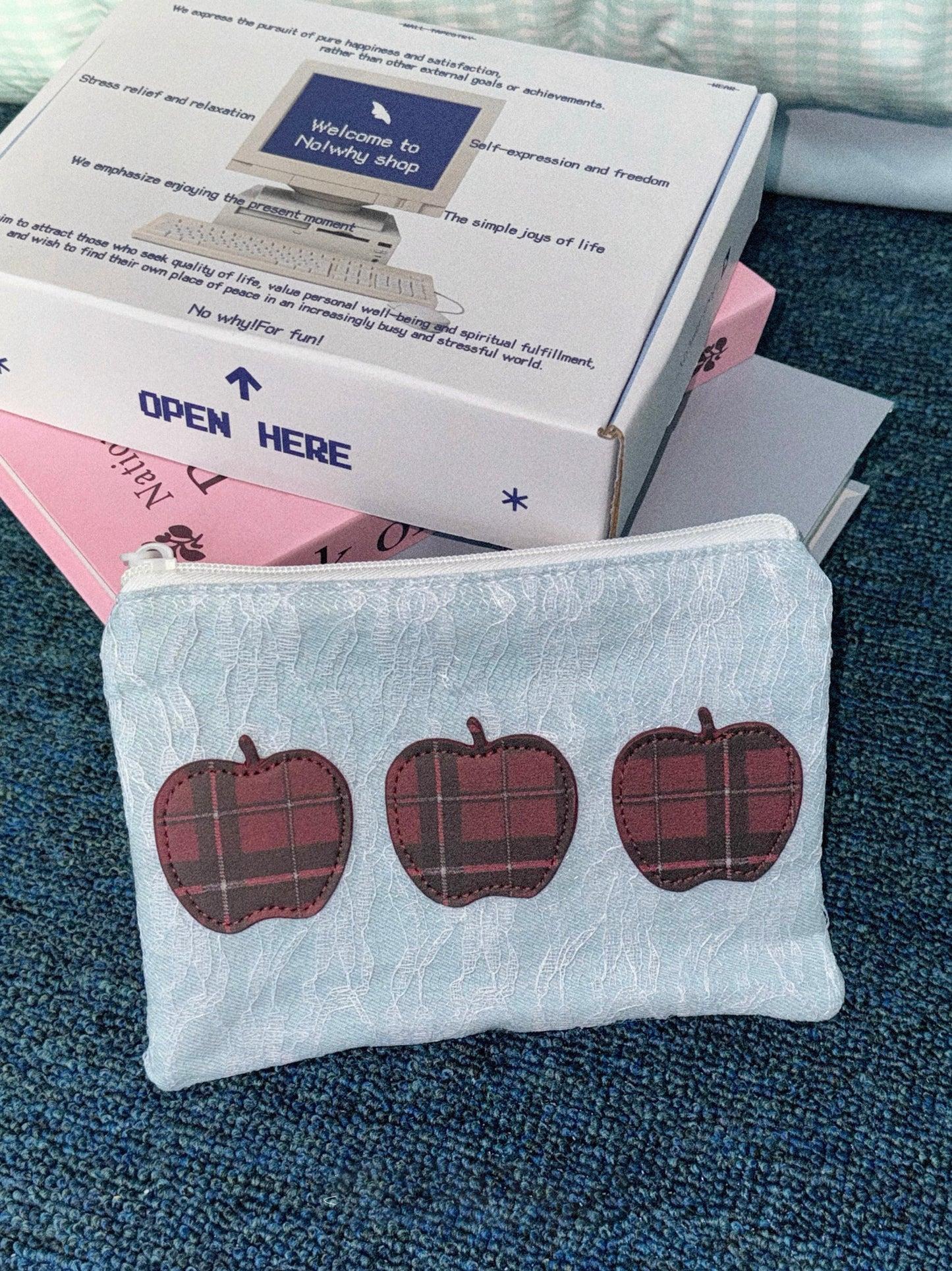 Original Pouch with Denim Fabric, Plaid Apple Embroidery, and Zip Closure - Casual, Vintage-Inspired Design, Perfect for Storing Makeup, Stationery, and Small Essentials for Women