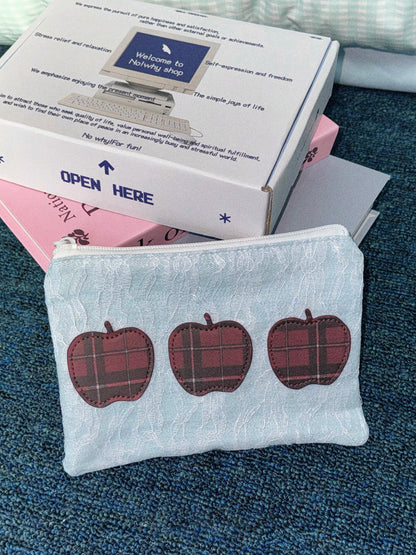 Original Pouch with Denim Fabric, Plaid Apple Embroidery, and Zip Closure - Casual, Vintage-Inspired Design, Perfect for Storing Makeup, Stationery, and Small Essentials for Women