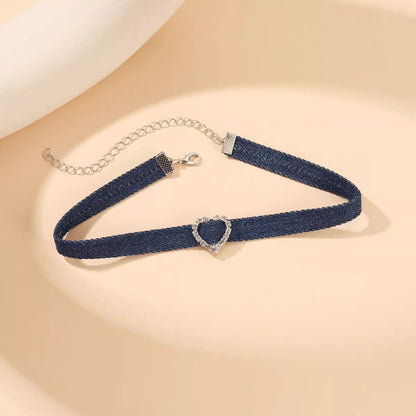 Original Denim Choker Necklace Design with Heart-Shaped Pendant and Pearl Drop Detail - Elegant, Trendy for Casual Wear, Date Night, Parties, Ideal for Adding a Versatile and Stylish Touch to Your Outfit for Women