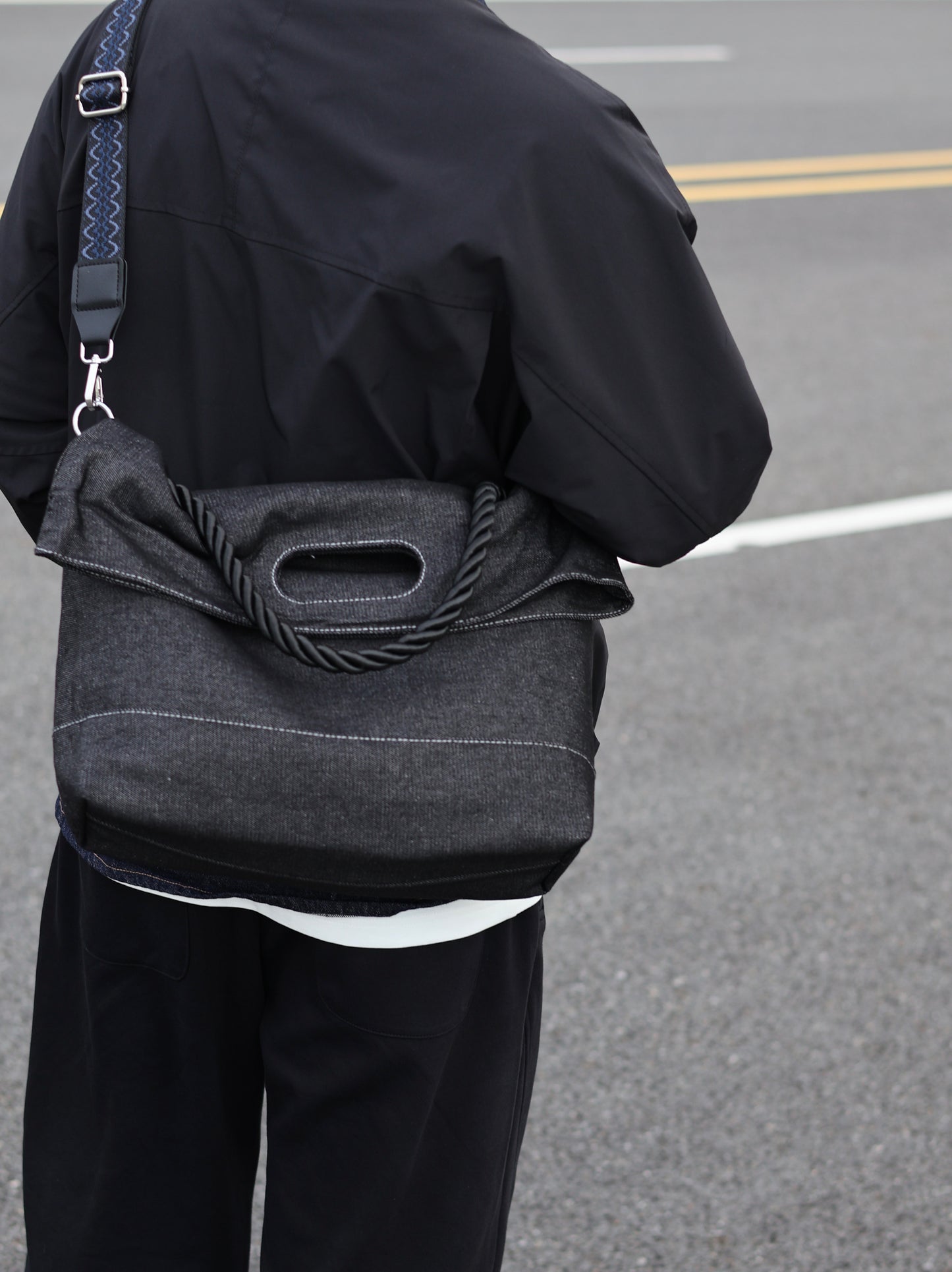 Original Denim Tote Bag Design with Dark Gray Denim and Unique Rope Handle - Modern, Casual for Daily Outings, Work, Casual Activities, Ideal for Carrying Essentials in a Practical and Stylish Way for Men