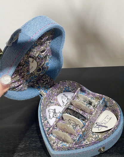 Original Denim Storage Bag Heart Pouch Design with Embroidered Cat Playing Guitar - Playful, Cute for Daily Use, Gifts, Accessories, Ideal for Keeping Small Essentials in a Fun and Adorable Way for Women