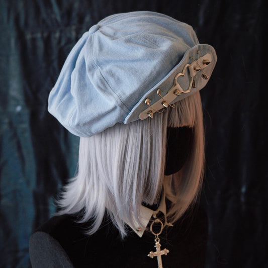 Trendy Denim Beret with Metal Spikes - Bold, Modern Street Style for Casual Outings, Ideal for Women