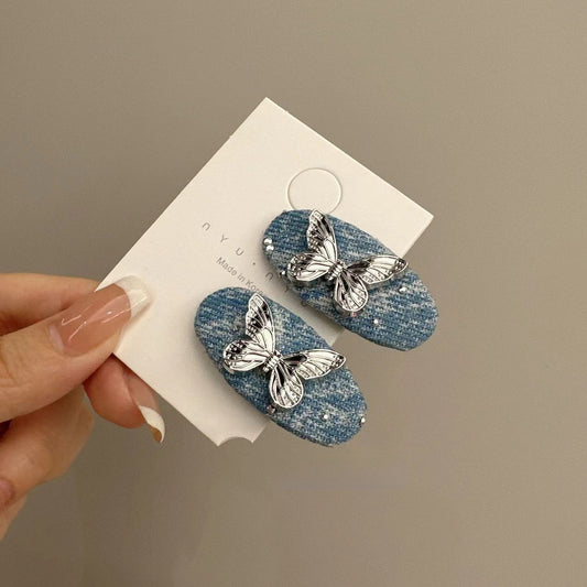 Original Denim Hair Clips Design with Blue Denim and Silver Butterfly Accents - Elegant, Trendy for Casual Wear, Hair Styling, Daily Use, Ideal for Adding a Stylish and Chic Accent to Your Hairstyling for Women