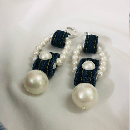 Original Denim Pearl Earrings Design with Blue Denim and Large Pearl Embellishments - Elegant, Stylish for Casual Outings, Special Occasions, Daily Wear, Ideal for Adding a Chic and Versatile Touch to Your Look for Women