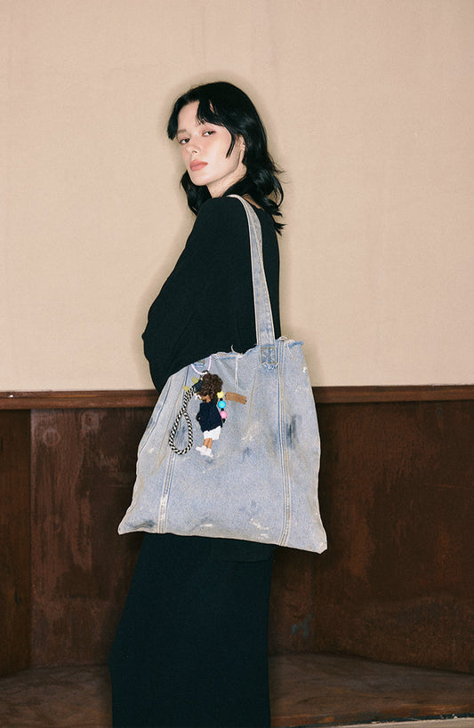 Original Denim Tote Bag with Handcrafted Doll Charm Design in Faded Blue Denim with a Unique Handmade Doll Keychain Attached - Stylish, Playful for Daily Use, Casual Outings, Shopping, Travel, Ideal for Adding a Fun, for Women