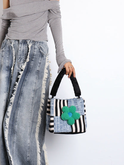 Original Denim Patchwork Handbag Design with Mixed Denim and Striped Fabric - Artistic, Eclectic for Casual Outings, Creative Styling, Statement Accessory, Ideal for Adding a Bold and Unique Touch to Any Outfit for Women