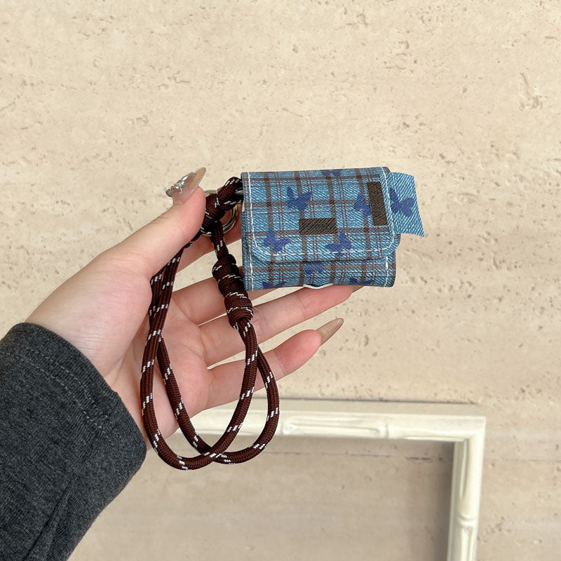 Original Denim Earphone Case with Blue Plaid Denim and Brown Rope Strap - Trendy, Protective, Functional Design for Everyday Use, Organizing, Key Storage, Ideal for Carrying Your Earphones in a Convenient and Stylish Way for Unisex