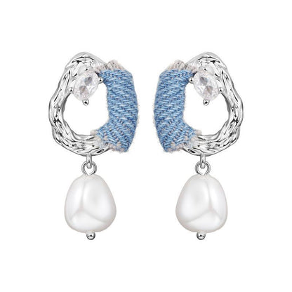 Original Denim Earrings Design with Blue Denim and Crystal Pearl Embellishments - Stylish, Elegant for Casual Outings, Special Occasions, Daily Wear, Ideal for Adding a Chic and Sophisticated Touch to Any Outfit for Women