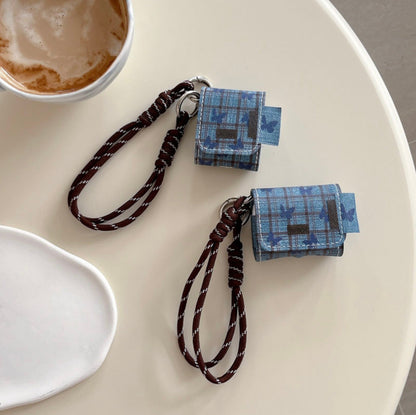 Original Denim Earphone Case with Blue Plaid Denim and Brown Rope Strap - Trendy, Protective, Functional Design for Everyday Use, Organizing, Key Storage, Ideal for Carrying Your Earphones in a Convenient and Stylish Way for Unisex