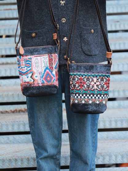 Original Woven Denim Crossbody Bag Design with Multicolored Woven Pattern and Leather Accents - Bohemian, Stylish for Casual Outings, Festivals, Travel, Ideal for Adding Trendy and Practical Style to Your Look for Women