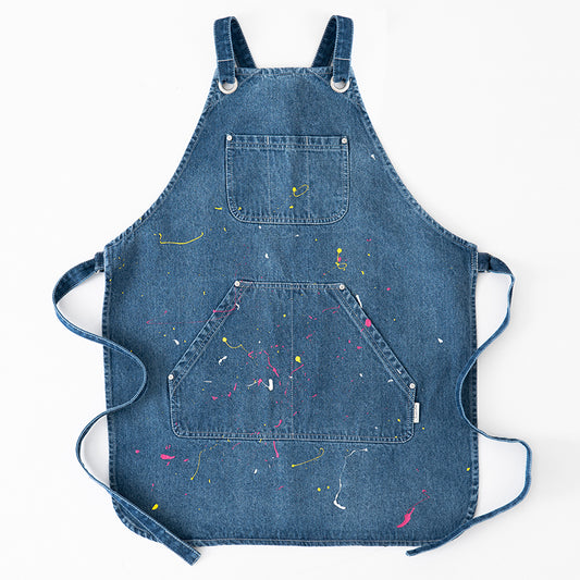 Original Denim Apron Design with Multiple Front Pockets and Colorful Paint Splatters - Practical, Creative for Crafting, Cooking, DIY Projects, Ideal for Protecting Clothes While Adding Style and Function for Unisex