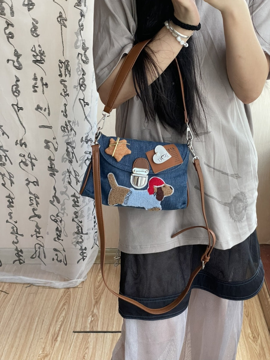 Original Denim Hand Bag with Dog Applique - Playful and Cute Design, Perfect for Daily Outings and Casual Activities  for Women