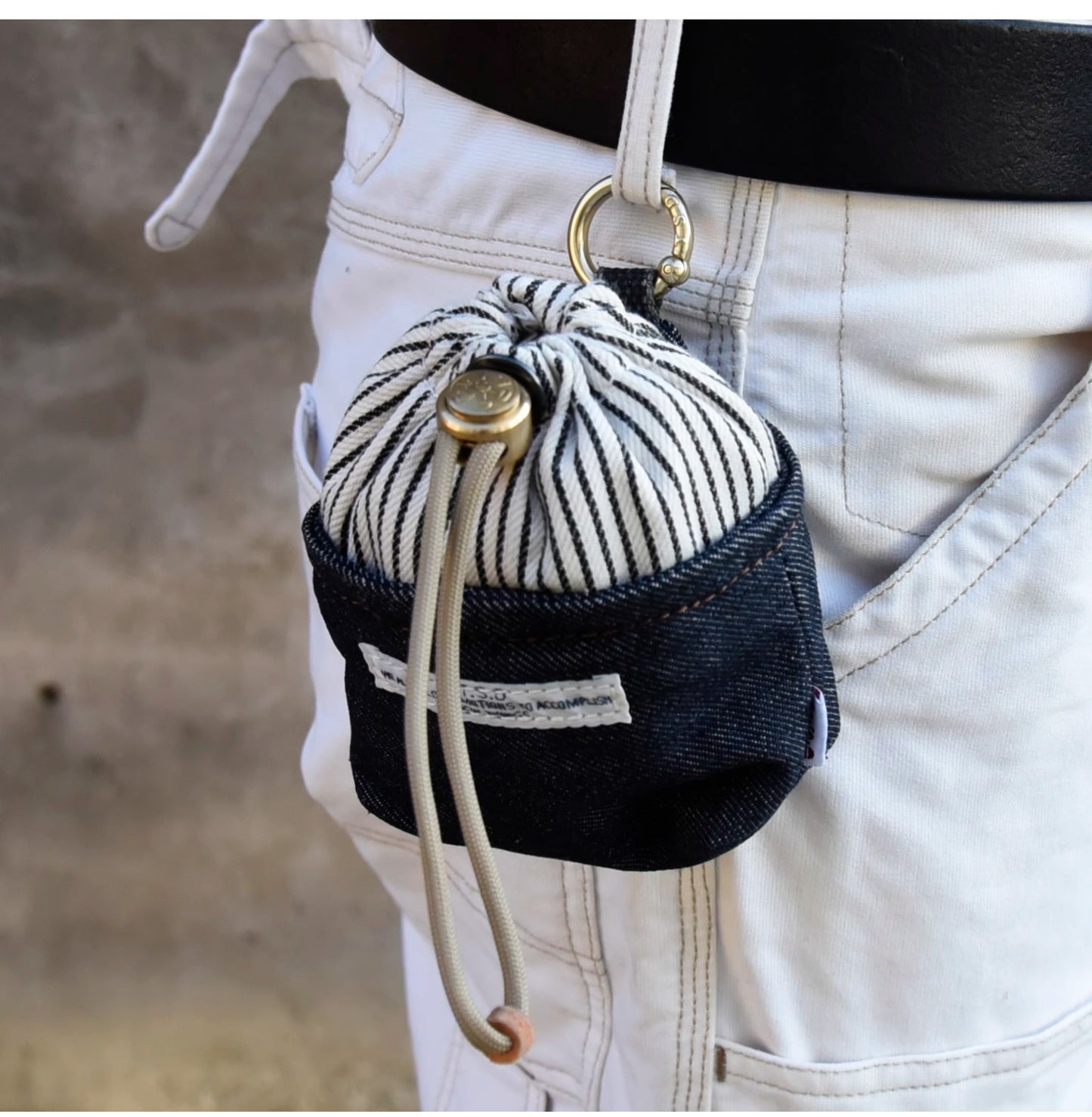 Original Denim Drawstring Pouch Design with Dark Blue Denim and Striped Canvas Top - Rustic, Vintage for Everyday Carry, Travel, Casual Use, Ideal for Keeping Small Essentials Secure in a Stylish Way for Unisex