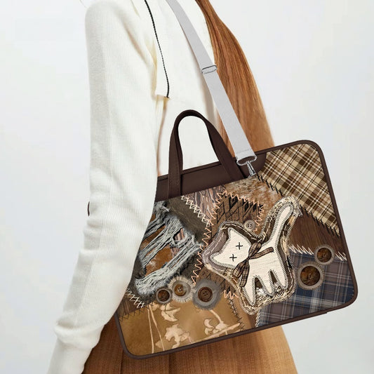Denim Style PU Original Patchwork Laptop Bag Design with Denim and Fabric Mix and Unique Cat Design - Artistic, Quirky for Daily Use, Work, Travel, Ideal for Adding Creativity and Durability to Your Daily Essentials for Unisex