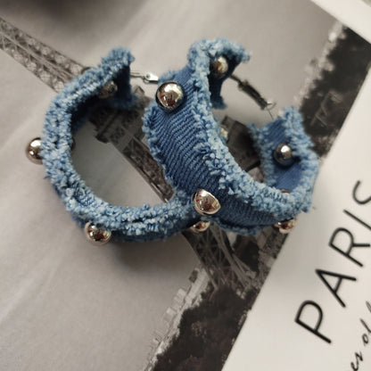 Original Denim Hoop Earrings Design Denim and Silver Ball Accents - Stylish, Minimalist for Casual Wear, Trendy Outfits, Daily Wear, Ideal for Adding a Chic and Lightweight Touch to Your Look for Women