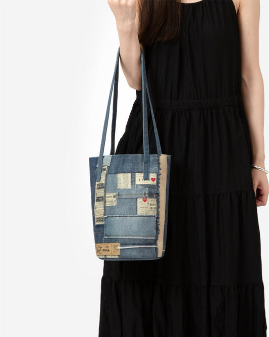 Original Denim Shoulder Bag Design with Patchwork style and Newspaper Print Accents - Artistic, Stylish for Daily Use, Casual Outings, Creative Fashion Statements, Ideal for Combining Practicality with a Unique Artistic Design for Women
