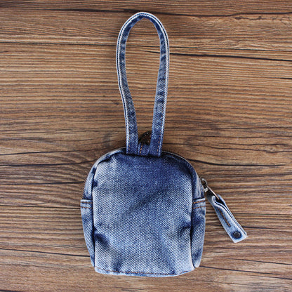 Trendy Denim Mini Backpack with Light Blue Washed Denim and Embroidered Text Detail - Compact, Functional Design, Ideal for Casual Outings, Travel, and Everyday Carry for Men
