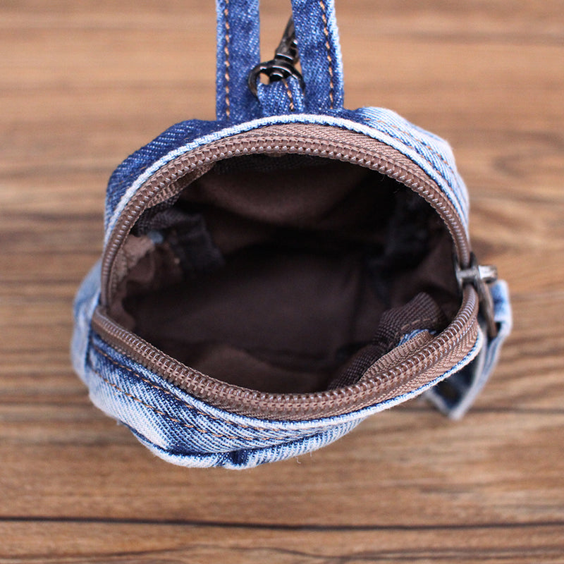 Trendy Denim Mini Backpack with Light Blue Washed Denim and Embroidered Text Detail - Compact, Functional Design, Ideal for Casual Outings, Travel, and Everyday Carry for Men