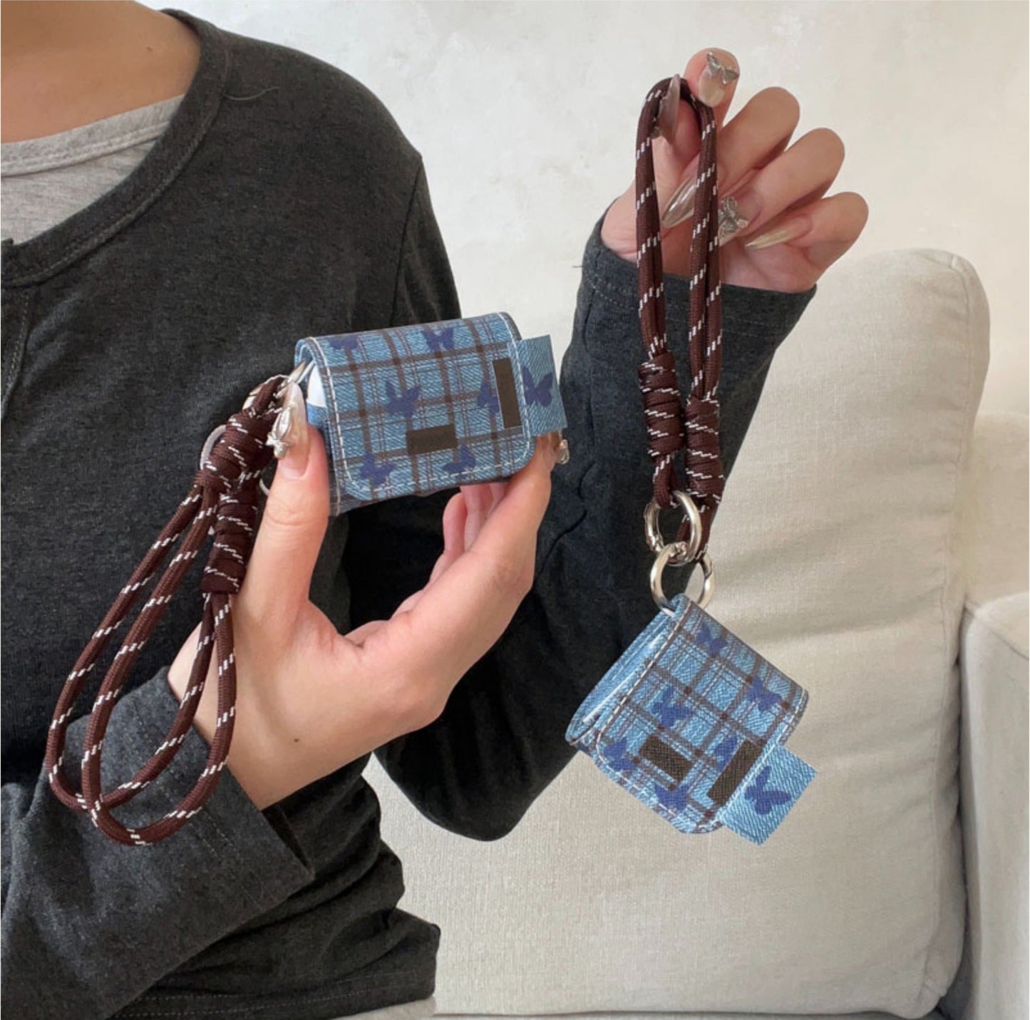 Original Denim Earphone Case with Blue Plaid Denim and Brown Rope Strap - Trendy, Protective, Functional Design for Everyday Use, Organizing, Key Storage, Ideal for Carrying Your Earphones in a Convenient and Stylish Way for Unisex