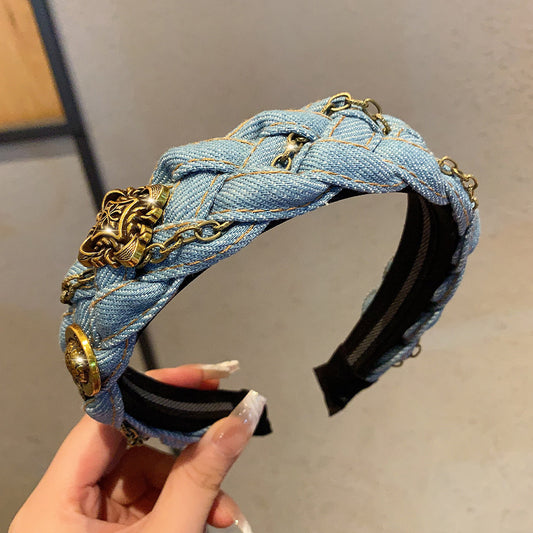 Original Denim Braided Headband Design with Antique Gold Chains and Metal Embellishments - Boho-Chic, Vintage for Casual Outings, Special Occasions, Daily Wear, Ideal for Adding a Stylish and Unique Touch to Your Hair for Women