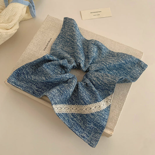 Original Denim Scrunchie Design with Blue Denim and Lace Accent - Casual, Cute for Daily Wear, Casual Outings, Hair Accessories, Ideal for Keeping Your Hair in Place While Adding Style and Comfort for Women