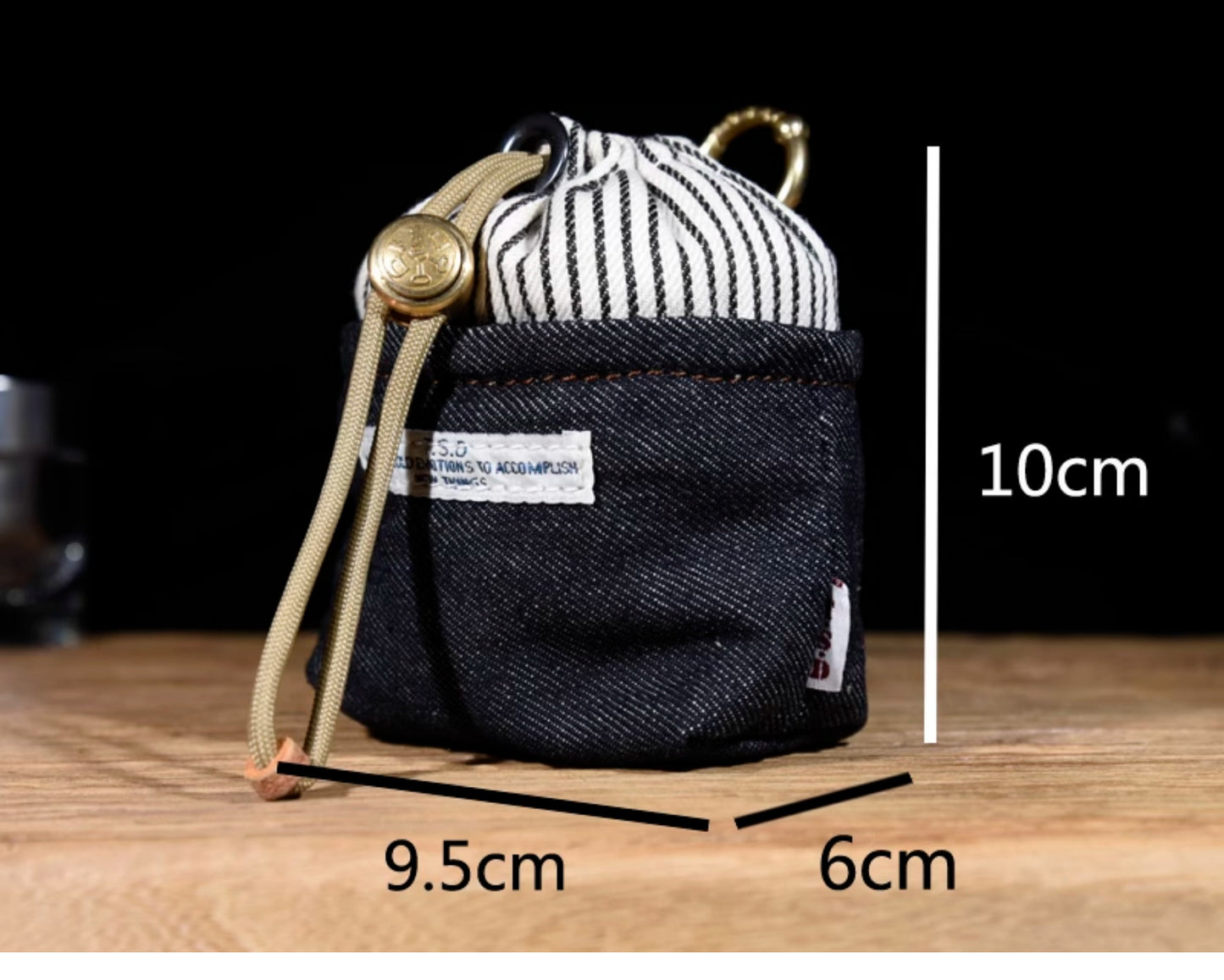 Original Denim Drawstring Pouch Design with Dark Blue Denim and Striped Canvas Top - Rustic, Vintage for Everyday Carry, Travel, Casual Use, Ideal for Keeping Small Essentials Secure in a Stylish Way for Unisex