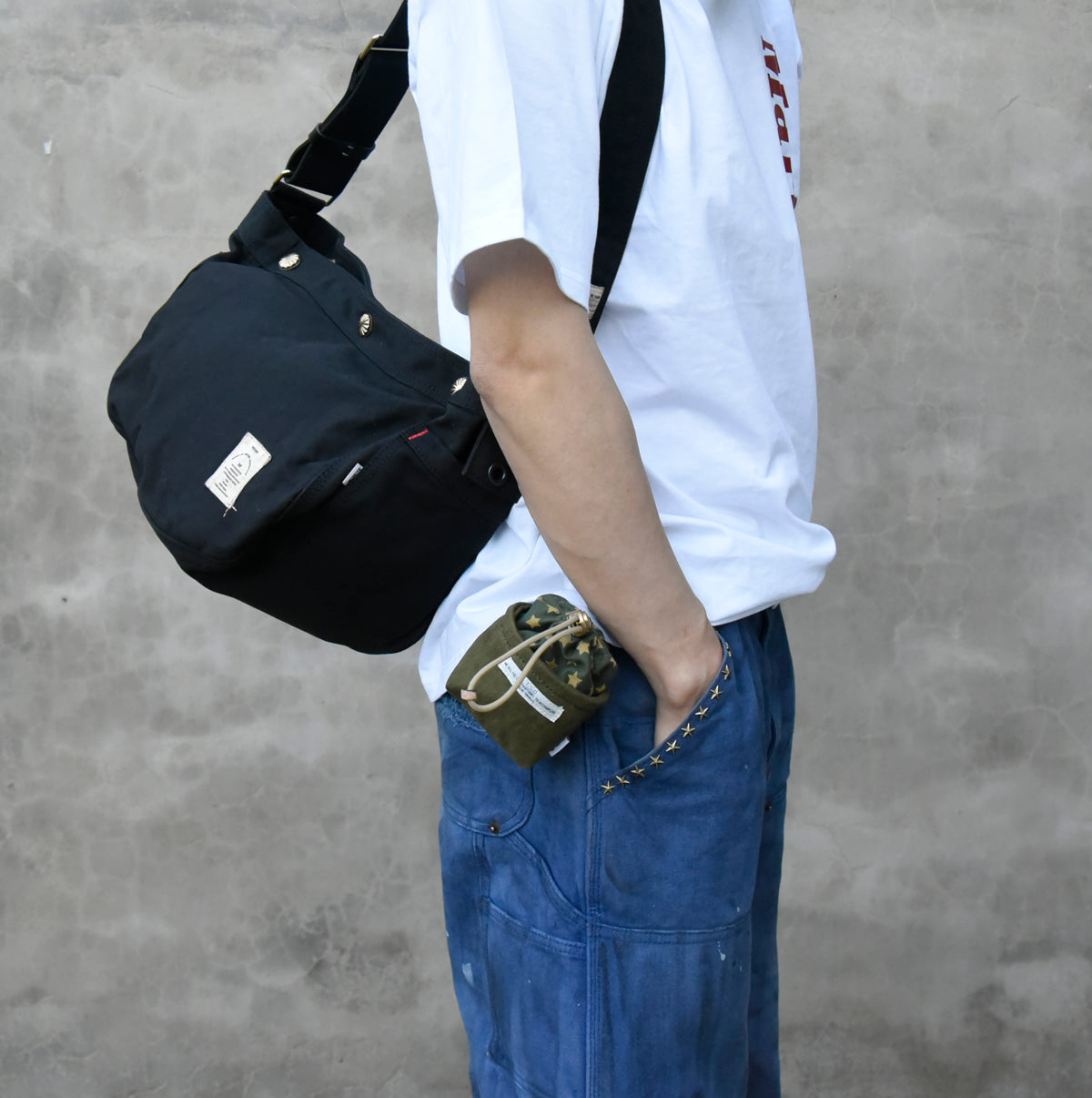 Original Denim Drawstring Pouch Design with Dark Blue Denim and Striped Canvas Top - Rustic, Vintage for Everyday Carry, Travel, Casual Use, Ideal for Keeping Small Essentials Secure in a Stylish Way for Unisex