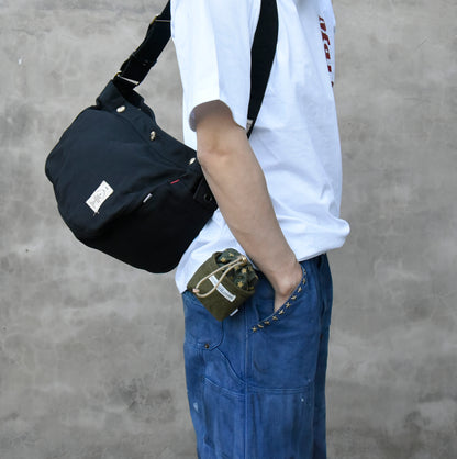 Original Denim Drawstring Pouch Design with Dark Blue Denim and Striped Canvas Top - Rustic, Vintage for Everyday Carry, Travel, Casual Use, Ideal for Keeping Small Essentials Secure in a Stylish Way for Unisex