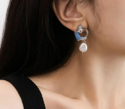 Original Denim Earrings Design with Blue Denim and Crystal Pearl Embellishments - Stylish, Elegant for Casual Outings, Special Occasions, Daily Wear, Ideal for Adding a Chic and Sophisticated Touch to Any Outfit for Women
