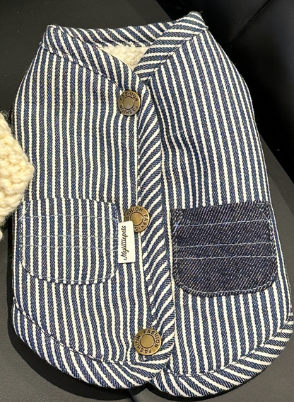 Trendy Denim Pet Outfit with Sunglasses, Striped Denim Vest, and Cozy White Fleece Lining - Trendy, Casual Design for Pets, Comfortable, Breathable, Fashionable for Casual Wear, Stylish Outings, and Photo Opportunities for Pets