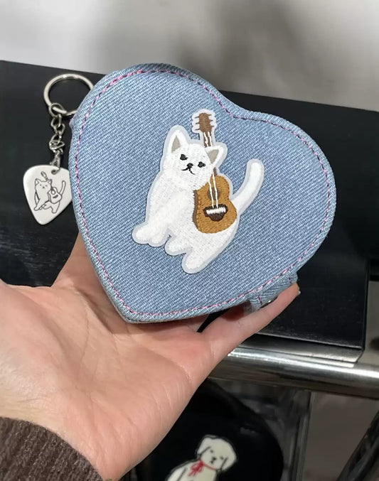 Original Denim Storage Bag Heart Pouch Design with Embroidered Cat Playing Guitar - Playful, Cute for Daily Use, Gifts, Accessories, Ideal for Keeping Small Essentials in a Fun and Adorable Way for Women