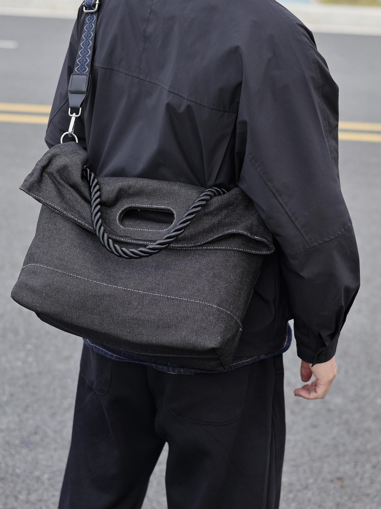 Original Denim Tote Bag Design with Dark Gray Denim and Unique Rope Handle - Modern, Casual for Daily Outings, Work, Casual Activities, Ideal for Carrying Essentials in a Practical and Stylish Way for Men