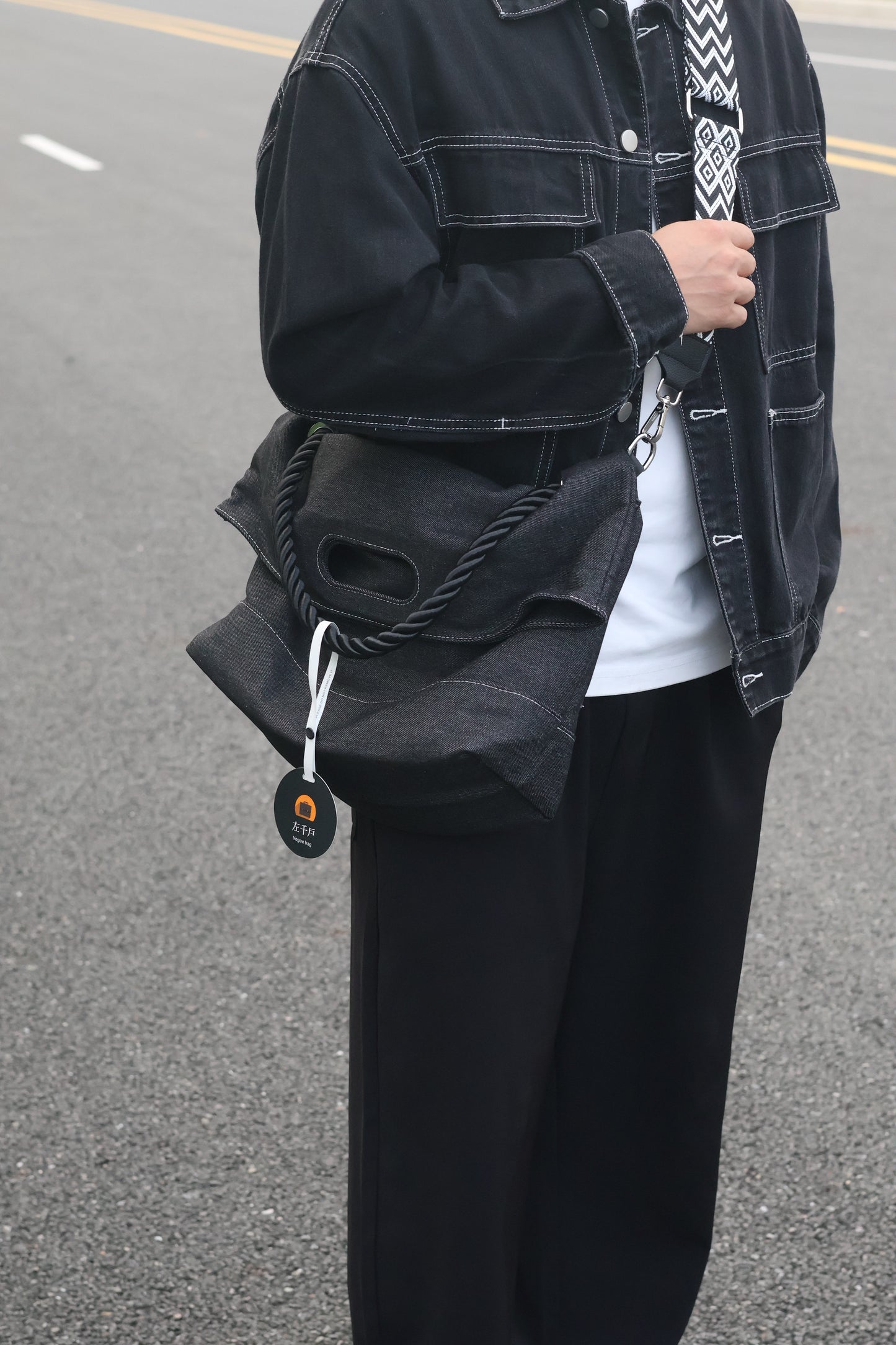 Original Denim Tote Bag Design with Dark Gray Denim and Unique Rope Handle - Modern, Casual for Daily Outings, Work, Casual Activities, Ideal for Carrying Essentials in a Practical and Stylish Way for Men