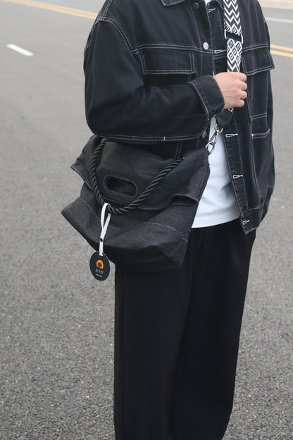 Original Denim Tote Bag Design with Dark Gray Denim and Unique Rope Handle - Modern, Casual for Daily Outings, Work, Casual Activities, Ideal for Carrying Essentials in a Practical and Stylish Way for Men