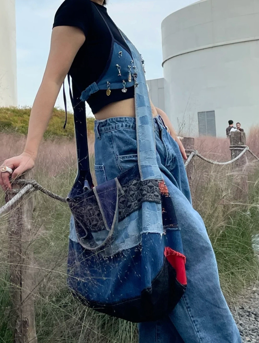 Original Denim Crossbody bag Design with Multi-Patch style and Red and Beige Accents - Eclectic, Casual for Daily Outings, Casual Activities, Shopping, Ideal for Adding Character to Your Look with Practicality for Women