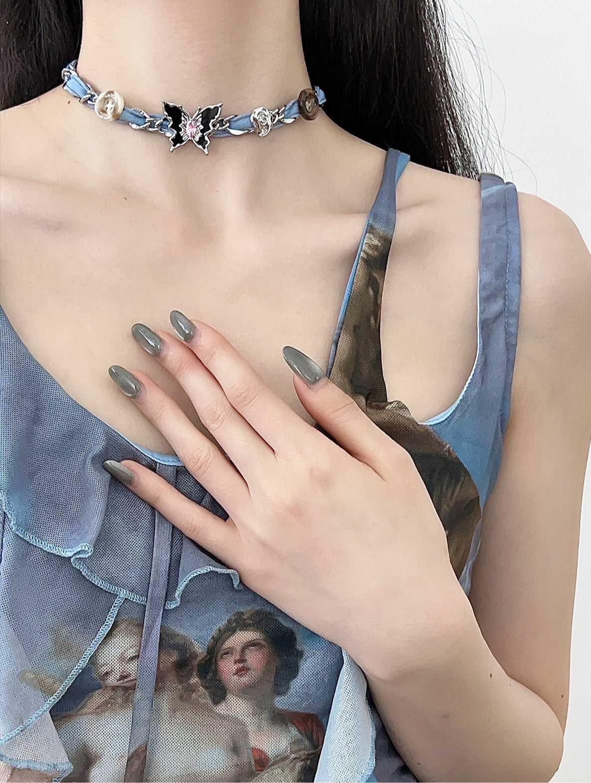 Original Denim Choker Necklace Design with Blue Denim and Butterfly Charm Embellishments - Playful, Trendy for Casual Wear, Fashion Accessories, Parties, Ideal for Adding a Fun and Unique Twist to Your Outfit for Women