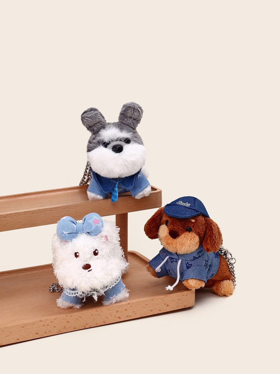 Original Plush Keychain with Soft Plush Dogs Dressed in Denim Outfits - Cute, Collectible, Stylish Design, Adds Charm and Personality to Keys, Bags, and Accessories for Unisex
