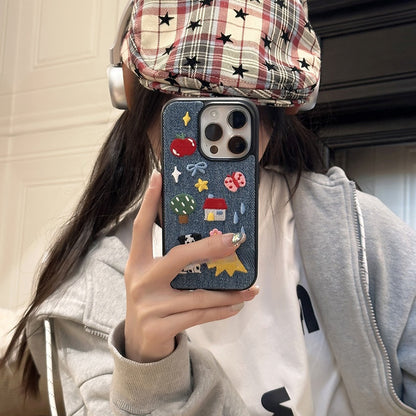 Denim fabric laminated with silicone Trendy Embroidered Phone Case - Playful, Personalized and Artistic Design for Women