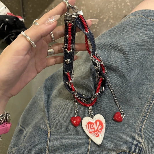 Original Denim Bracelet Design with Blue Denim, Red and Silver Chain Accents, and "Love" Heart Charm - Edgy, Romantic for Casual Wear, Gift, Parties, Ideal for Adding a Trendy and Expressive Accessory to Your Wrist for Women