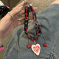 Original Denim Bracelet Design with Blue Denim, Red and Silver Chain Accents, and "Love" Heart Charm - Edgy, Romantic for Casual Wear, Gift, Parties, Ideal for Adding a Trendy and Expressive Accessory to Your Wrist for Women