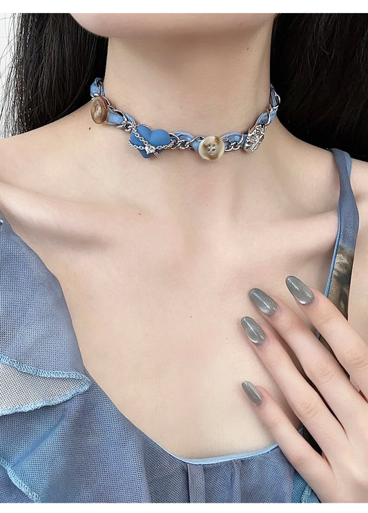 Original Denim Heart Choker Design with Heart-Shaped Accents and Metal Chain Details - Trendy, Chic for Casual Wear, Date Nights, Parties, Ideal for Adding a Fashionable and Unique Touch to Your Look for Women