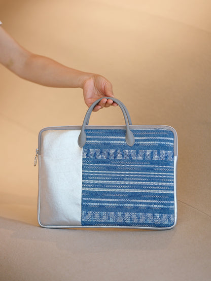Denim fabric laminated with PU Original and Leather Laptop Bag Design with Silver Leather Accents and Textured Design - Stylish, Modern for Work, Travel, Daily Use, Ideal for Carrying Your Essentials in a Sleek and Trendy Way for Unisex