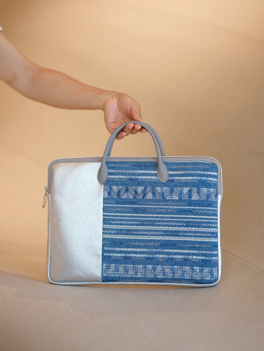 Denim fabric laminated with PU Original and Leather Laptop Bag Design with Silver Leather Accents and Textured Design - Stylish, Modern for Work, Travel, Daily Use, Ideal for Carrying Your Essentials in a Sleek and Trendy Way for Unisex