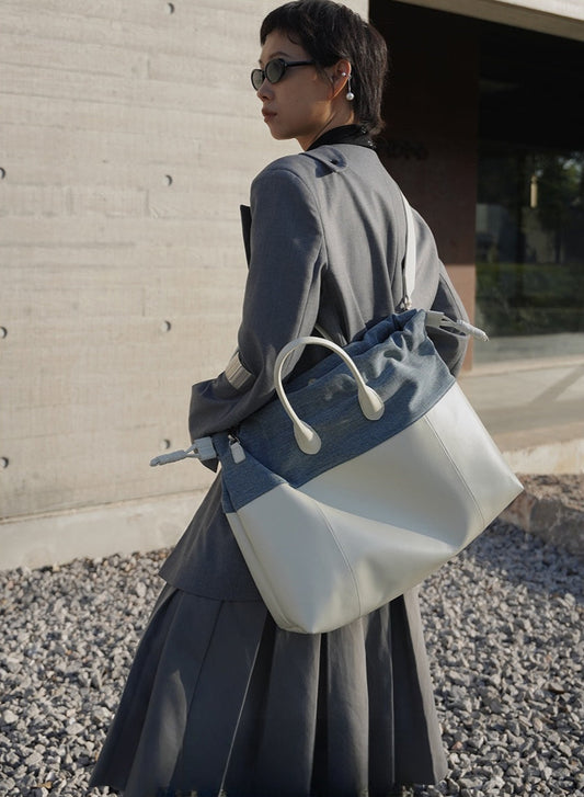 Original Denim and Leather Tote Bag Design with White Leather Accents and Soft, Roomy Design - Stylish, Casual for Daily Use, Shopping, Weekend Getaways, Ideal for Adding Versatility and Comfort to Your Everyday Look for Women