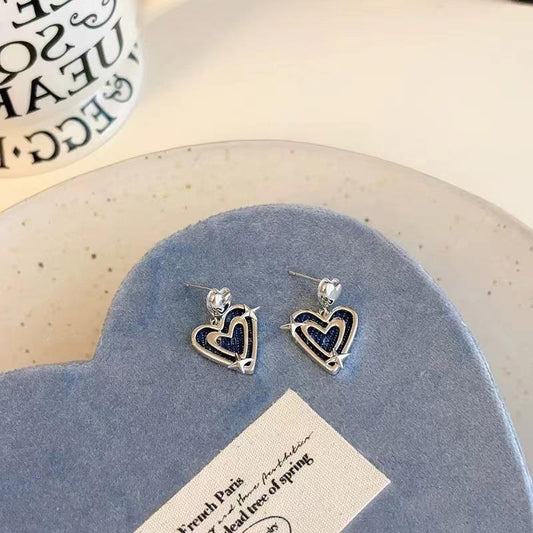Original Denim Heart Earrings Design with Blue Denim Hearts and Silver Flower Accents - Cute, Trendy for Casual Outings, Special Occasions, Daily Wear, Ideal for Adding a Playful and Chic Look to Your Outfit for Women