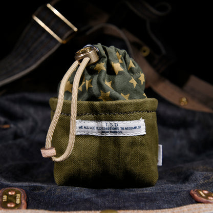 Original Denim Drawstring Pouch Design with Dark Blue Denim and Striped Canvas Top - Rustic, Vintage for Everyday Carry, Travel, Casual Use, Ideal for Keeping Small Essentials Secure in a Stylish Way for Unisex